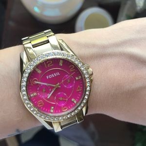 Hot pink & gold rhinestone watch